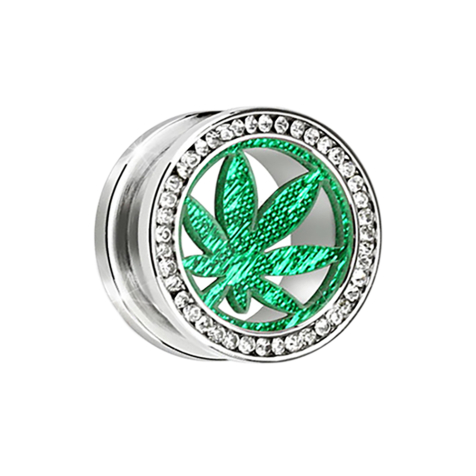 Flesh Tunnel silber mit Kristall silber und grünem Hanfblatt