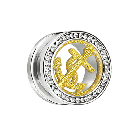 Flesh tunnel silver with silver crystal and golden anchor