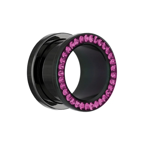 Flesh Tunnel schwarz mit Kristall fuchsia Epoxy Schutzschicht