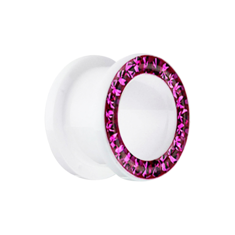 Flesh Tunnel weiss mit Kristall fuchsia Epoxy Schutzschicht