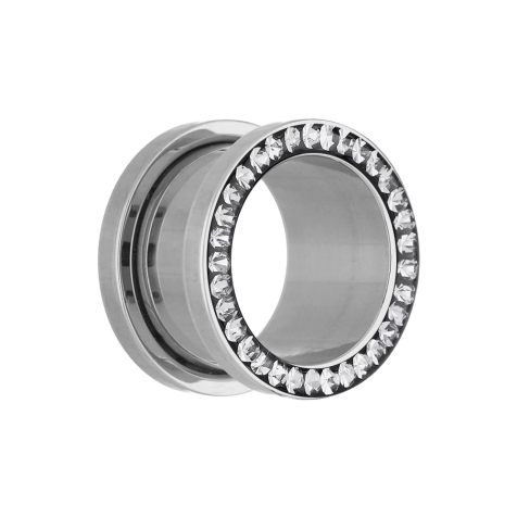 Flesh Tunnel argenté avec cristal argenté et couche de protection en époxy