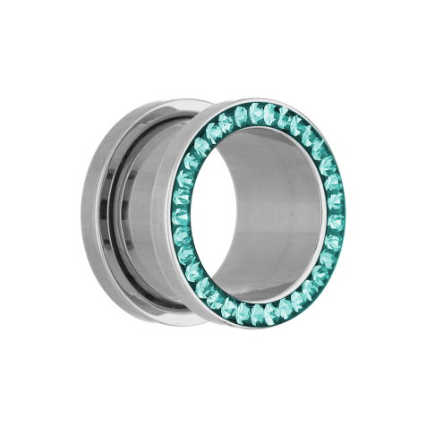 Flesh Tunnel silber mit Kristall türkis Epoxy Schutzschicht