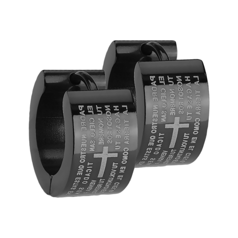 Boucle doreille à clapet noir avec croix "Padre Nuestro
