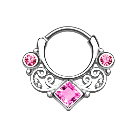 Setto con due cristalli rotondi e uno quadrato grande rosa