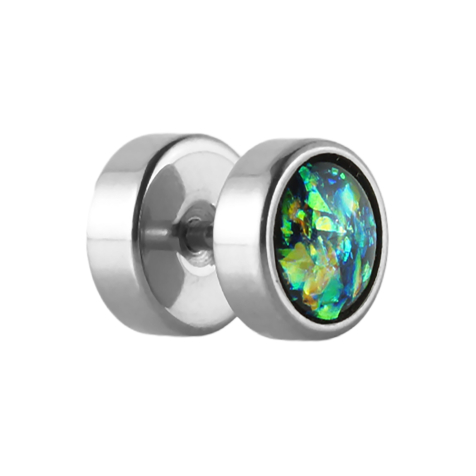 Fake Plug silber mit Opal Glitter grün