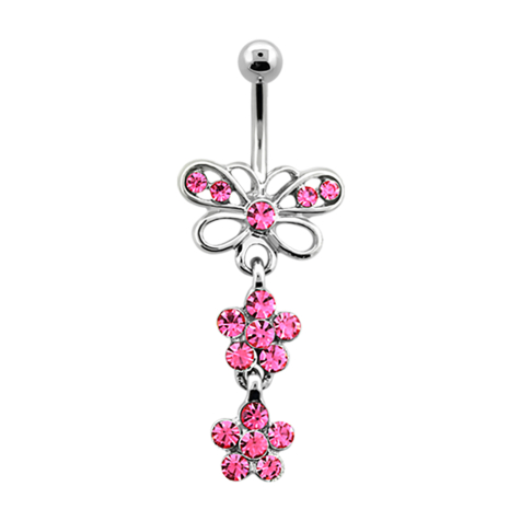 Banane silber mit Schmetterling und zwei Blumen pink