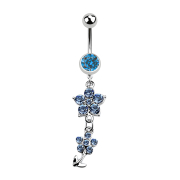 Banana silver with pendant two crystal flowers light blue