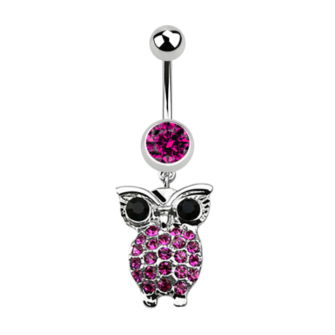 Banane argent avec pendentif hibou et grands yeux fuchsia