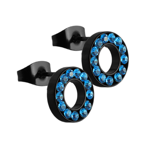 Stud earrings fake tunnel black with crystal light blue