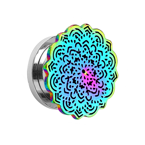 Flesh tunnel silver with colored tribal flower