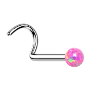 Curved silver nose stud with pink opal