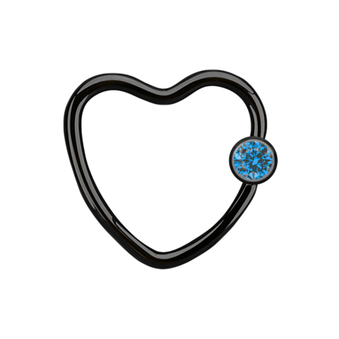 Micro Ball Closure Ring black heart with crystal ball light blue