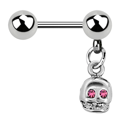 Micro Barbell silber mit Kugel und Anhänger Totenkopf Kristall pink
