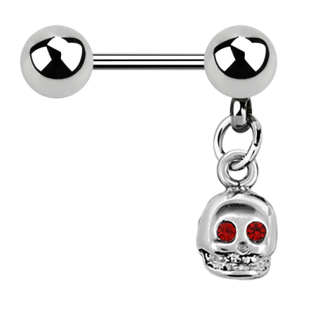 Micro Barbell argent avec boule et pendentif tête de mort cristal rouge