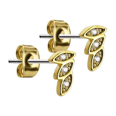 Ohrstecker drei Federn vergoldet mit Kristall silber