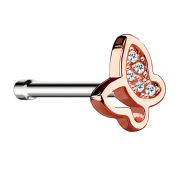 Clou de nez droit or rose avec papillon et cristal