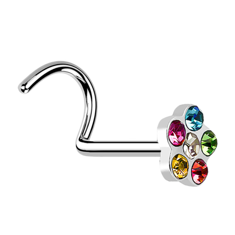 Nose stud bent silver with flower and 5 colored crystals