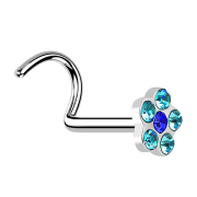 Nose stud curved silver with flower and 5 aqua crystals