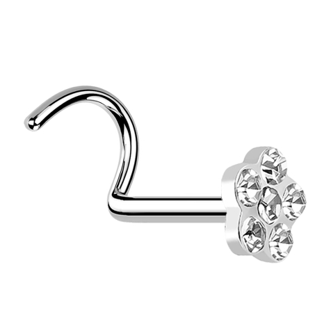 Clou nasal courbé argenté avec fleur et 5 cristaux argentés