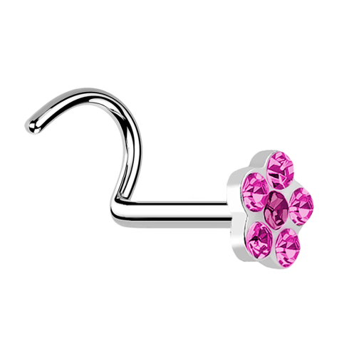 Curved silver nose stud with flower and 5 pink crystals
