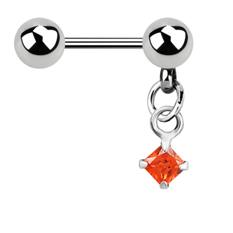 Micro barbell silver with ball and pendant square crystal orange