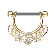 Barbell 14k vergoldet mit filigranen Herzmuster und Kristall