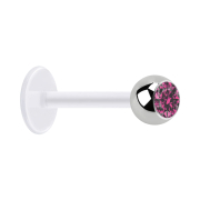 Micro labret transparent with silver ball and pink crystal
