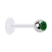 Micro labret transparent with silver ball and green crystal