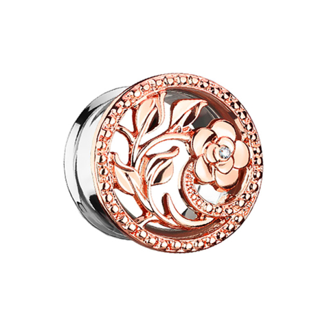 Flared Tunnel Blumen rosegold mit Kristall