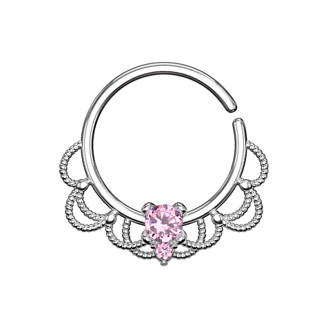 Anneau septum argenté filigrane avec cristal rose