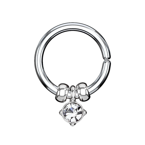 Micro piercing anneau argenté avec pendentif en cristal et perles en acier argenté