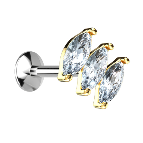 Micro UFO Labret Innengewinde vergoldet mit drei ovalen Kristallen