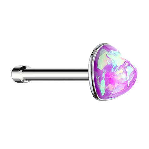 Clous de nez droit argent avec opale coeur violet