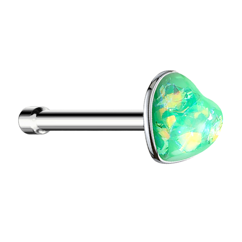 Clou de nez droit argenté avec opale coeur vert