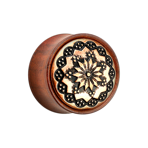 Flared plug made of rosewood tribal flower