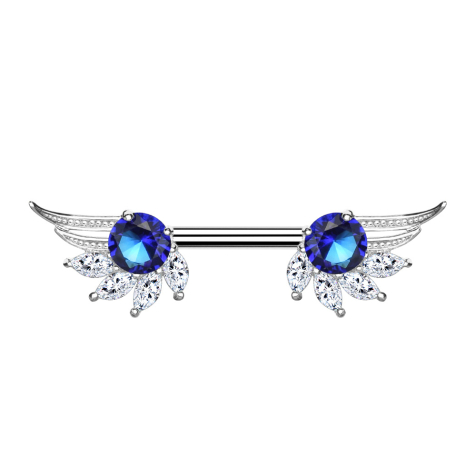Barbell argent ailes dange avec cristal bleu