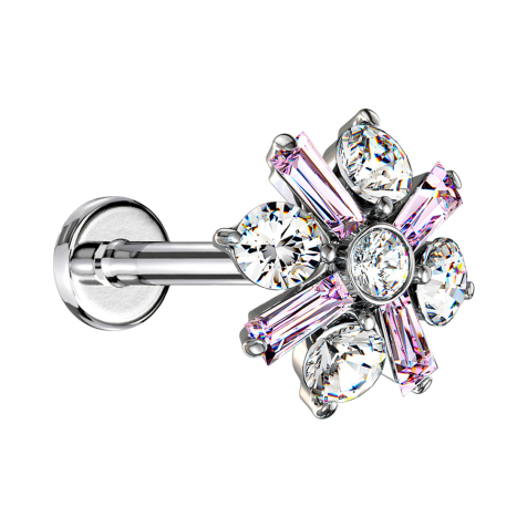 Micro labret internal thread silver cross crystal flower pink