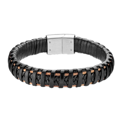 Bracelet en cuir noir avec deux rubans or rose