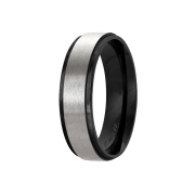 Bague noire rayée brossée argent