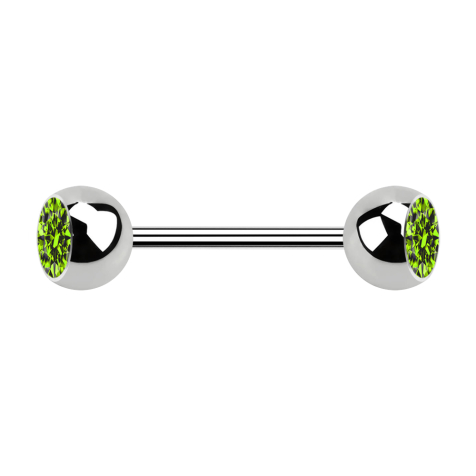 Micro barbell silver with two balls and crystal light green
