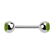Micro barbell silver with two balls and crystal light green