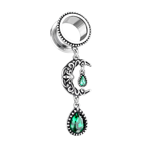 Ciondolo a tunnel in carne e ossa con luna crescente e cristallo