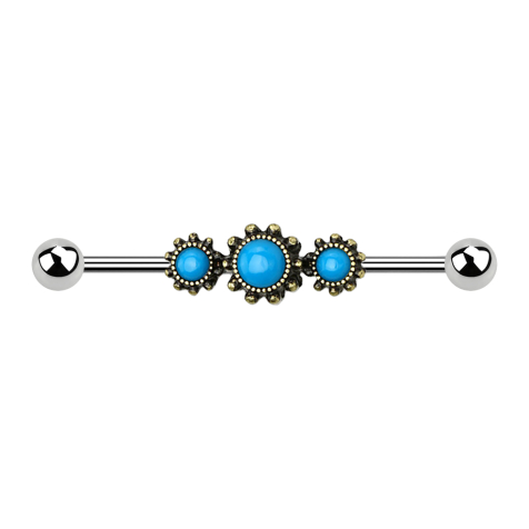Barbell silver tribal gold-plated with round turquoise stone