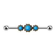 Barbell silver tribal gold-plated with round turquoise stone