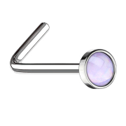 Angled silver nose stud with purple epoxy stone