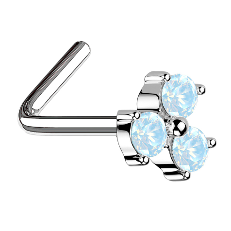 Clou de nez coudé argenté trifolié fleur opalite blanche