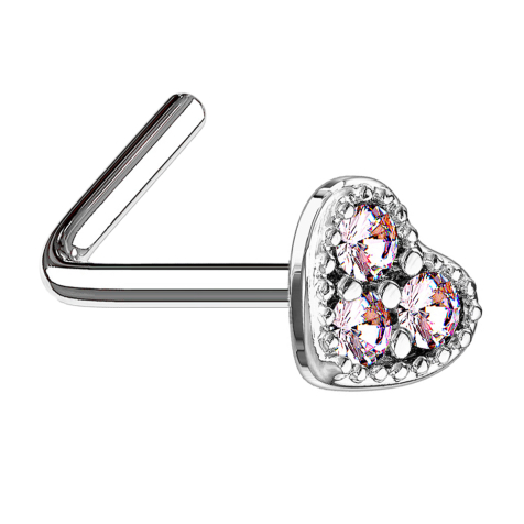 Nose stud angled silver heart crystal pink