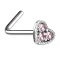 Nose stud angled silver heart crystal pink