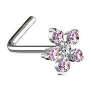 Nose stud angled silver flower crystal pink