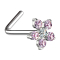 Nose stud angled silver flower crystal pink
